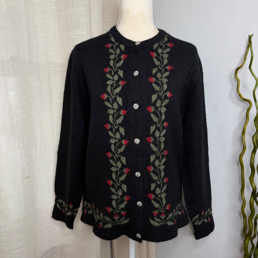 Native World New Zealand Cardigan Rose Floral Possum Merino Wool Women's M Black